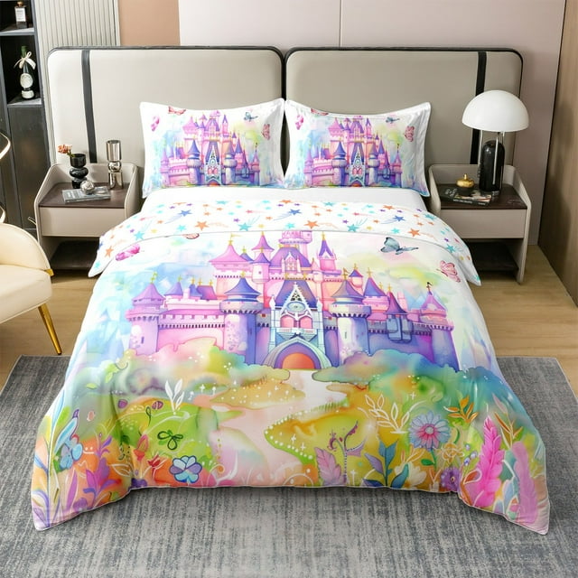 Erosebridal Château Magique Housse de Couette 100 % Coton Simple, Literie Violette Taille Simple, Décor Floral Rustique, Réversible 2 Pcs (Sans Couette)