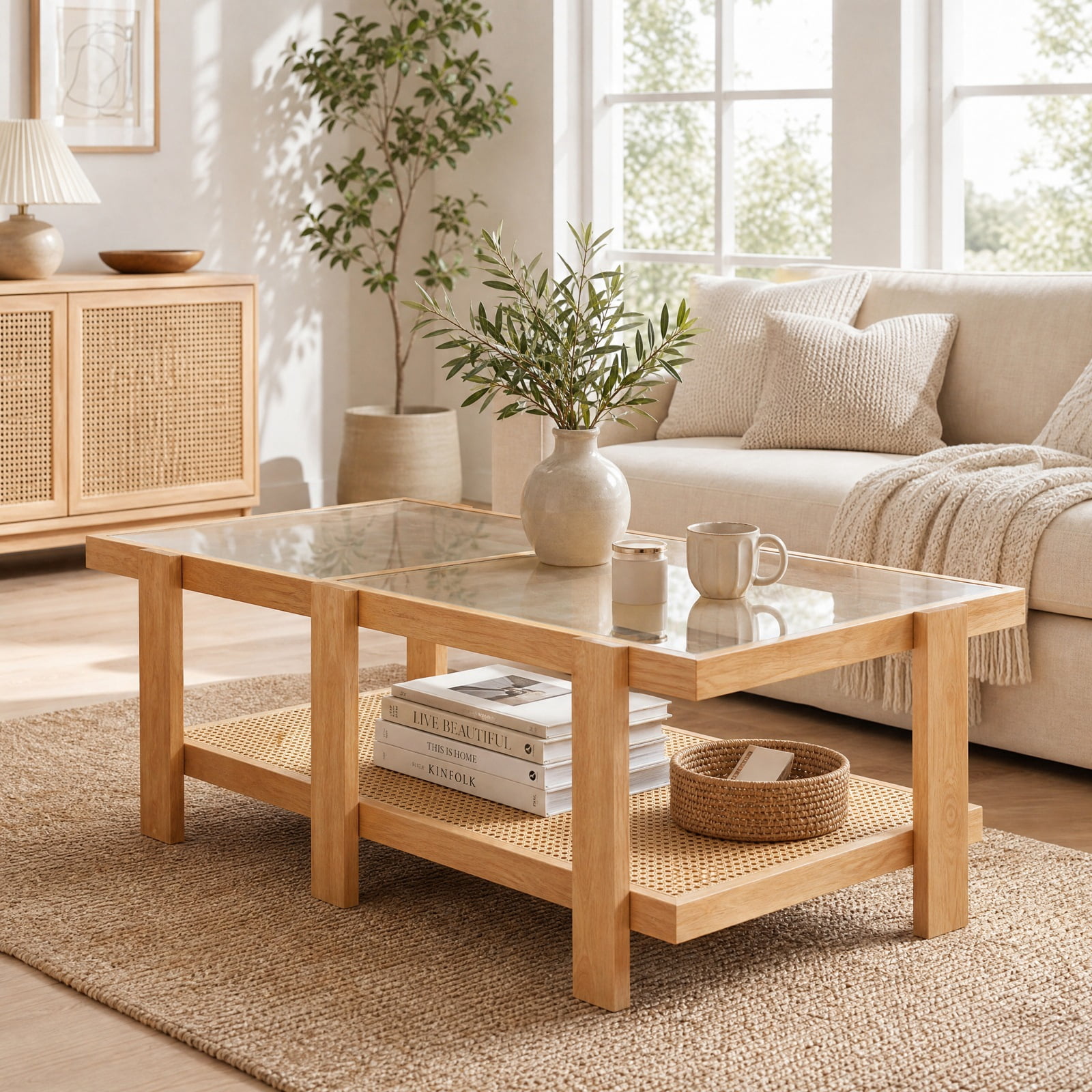 Furnibear Set of 2 Nesting Coffee Table with Tempered Glass Top and Boho Rattan Storage Shelf for Living Room for Home and Living Space, Natural