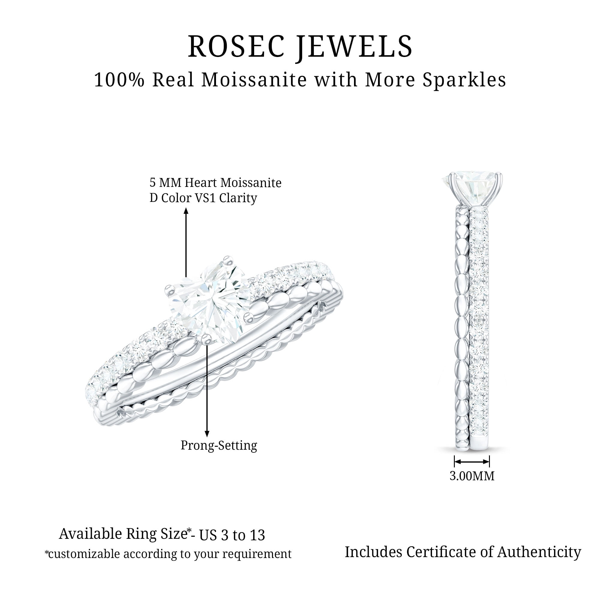Rosec Jewels Certified Moissanite Heart Engagement Ring for Women - Designer Ring - 5 mm - D-VS1 Quality, 10K White Gold, US 8.00
