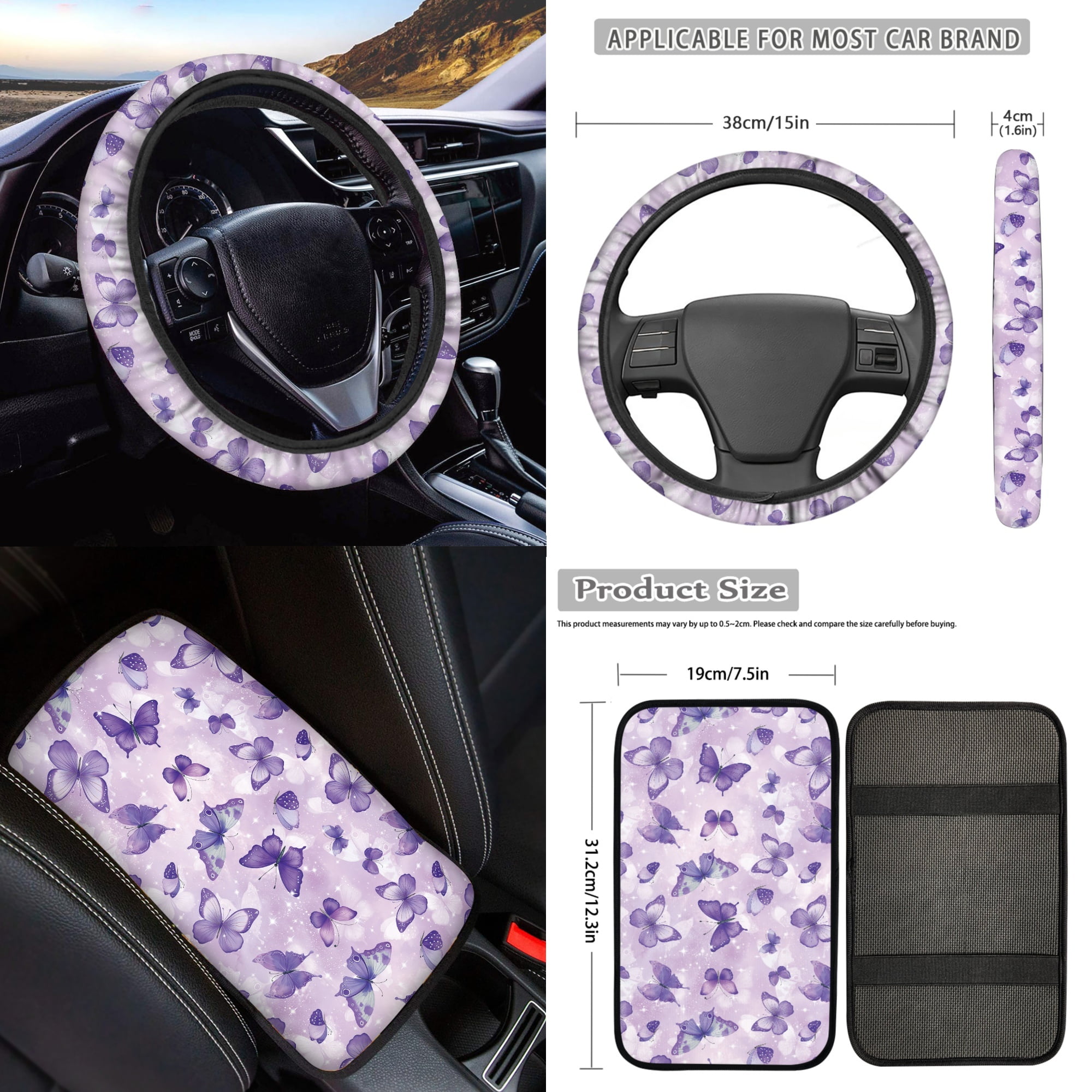 Jeiento Purple Butterfly Automotive Seat Covers Full Set for Women, 17 Pcs Car Interior Decorative Accessories Include Car Seat Covers Floor Mats Steering Wheel Cover Armrest Cover