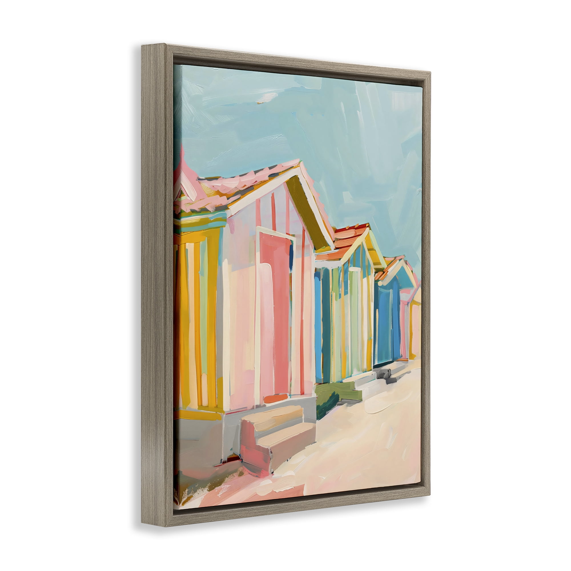 Stupell Industries Striped Beach Bungalows Brown Framed Floater Canvas Wall Art, design by The Prints Vibe