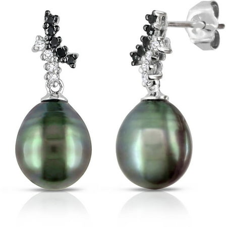 8.5-9mm Black Drop Tahitian Pearl and 1/7 Carat T.W. Black and White Diamond 10kt White Gold Fashion Earrings