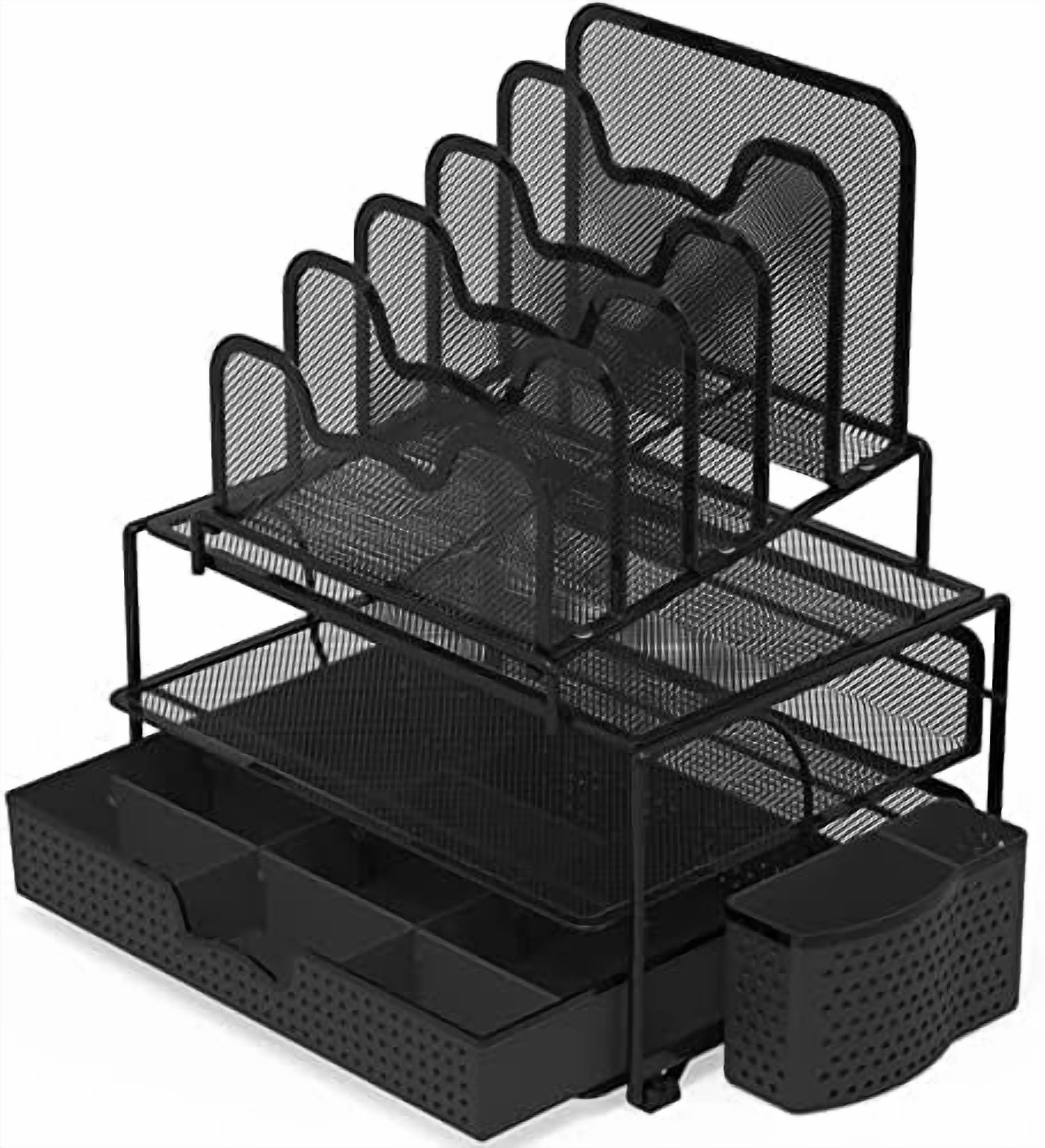 Mesh Desk Organizer with Sliding Drawer, Double Tray and 5 Stacking Sorter Sections, Black