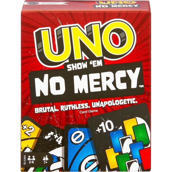 Mattel Games UNO Show ‘em No Mercy Card Game for Kids, Adults & Family Parties and Travel with Extra Cards, Special Rules and Tougher Penalties C40