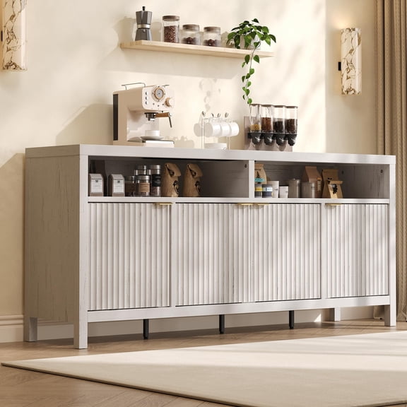 Sideboard Buffet Cabinet with Storage,Vintage White 65" Fluted Cabinet with 4 Doors, Long Buffet Cabinet, Sideboard Storage Cabinet for Kitchen,Living Room