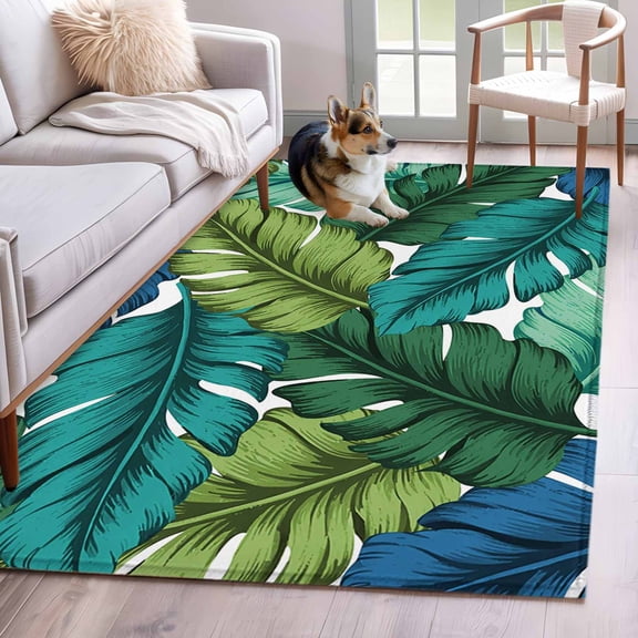 Summer Tropical Leaves Area Rug 3x5 Washable Rug Non Slip Blue Green Botanical Leaf Plants Large Area Rug Indoor Floor Carpet for Entryway Bedroom Kitchen Living Room Home Office Dining Room Nursery
