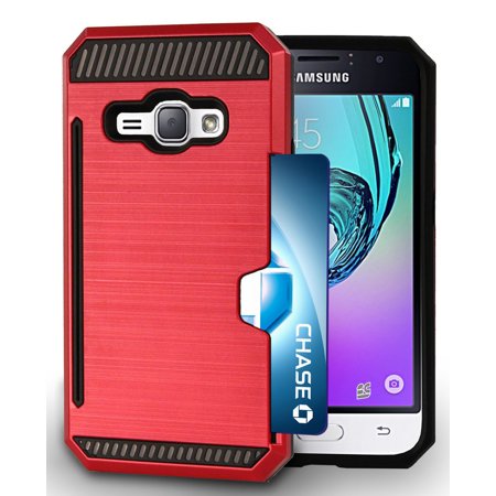 Case for Galaxy Amp-2/Express-3/Luna/J1 (2016), Red Hybrid Cover [with Credit Card Slot/Stand] for Samsung SM-J120, SM-J120A, SM-S120VL, SM-J120AZ