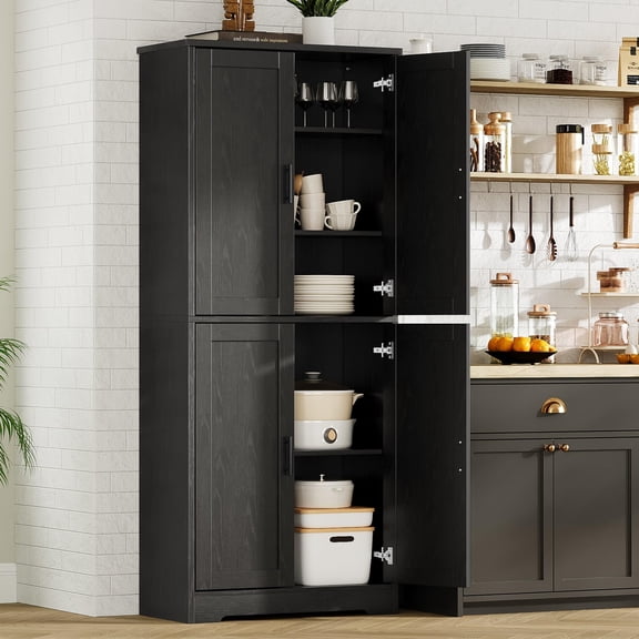 70 in Tall Kitchen Pantry Cabinet, Freestanding Storage Cabinet with 4 Doors and Adjustable Shelves, Utility Cupboard for Dining Room, Living Room, Bathroom, Black