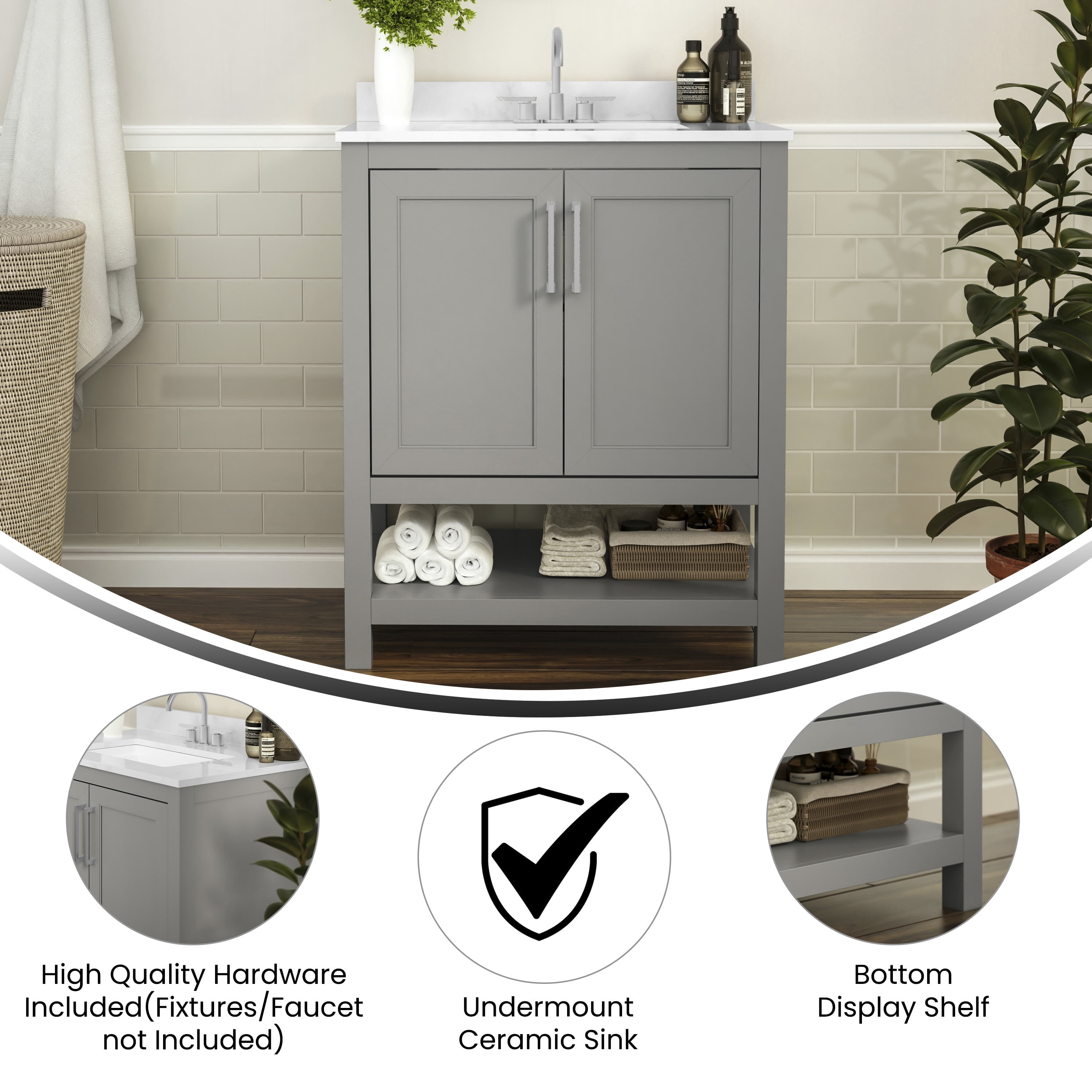 BizChair 30 Inch Bathroom Vanity with Sink Combo, Storage Cabinet with Soft Close Doors and Open Shelf, Carrara Marble Finish Countertop, Gray/White