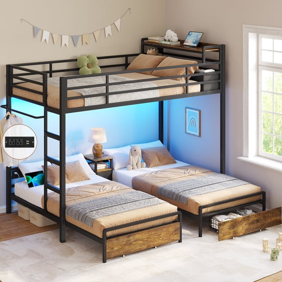 Triple Bunk Bed Twin Over Twin Over Twin Metal Bunk Bed with LED Lights and Charging Station, Loft Bed Frame with 3 Storage Drawers&Study Desk&Guardrails and Ladder,3 Bed Teens and Adults, Black