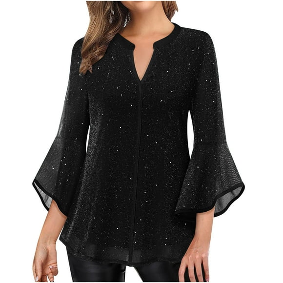 Womens Sequin Tops Dressy Tops Elegant V Neck Blouse for Women Casual Work Evening Party