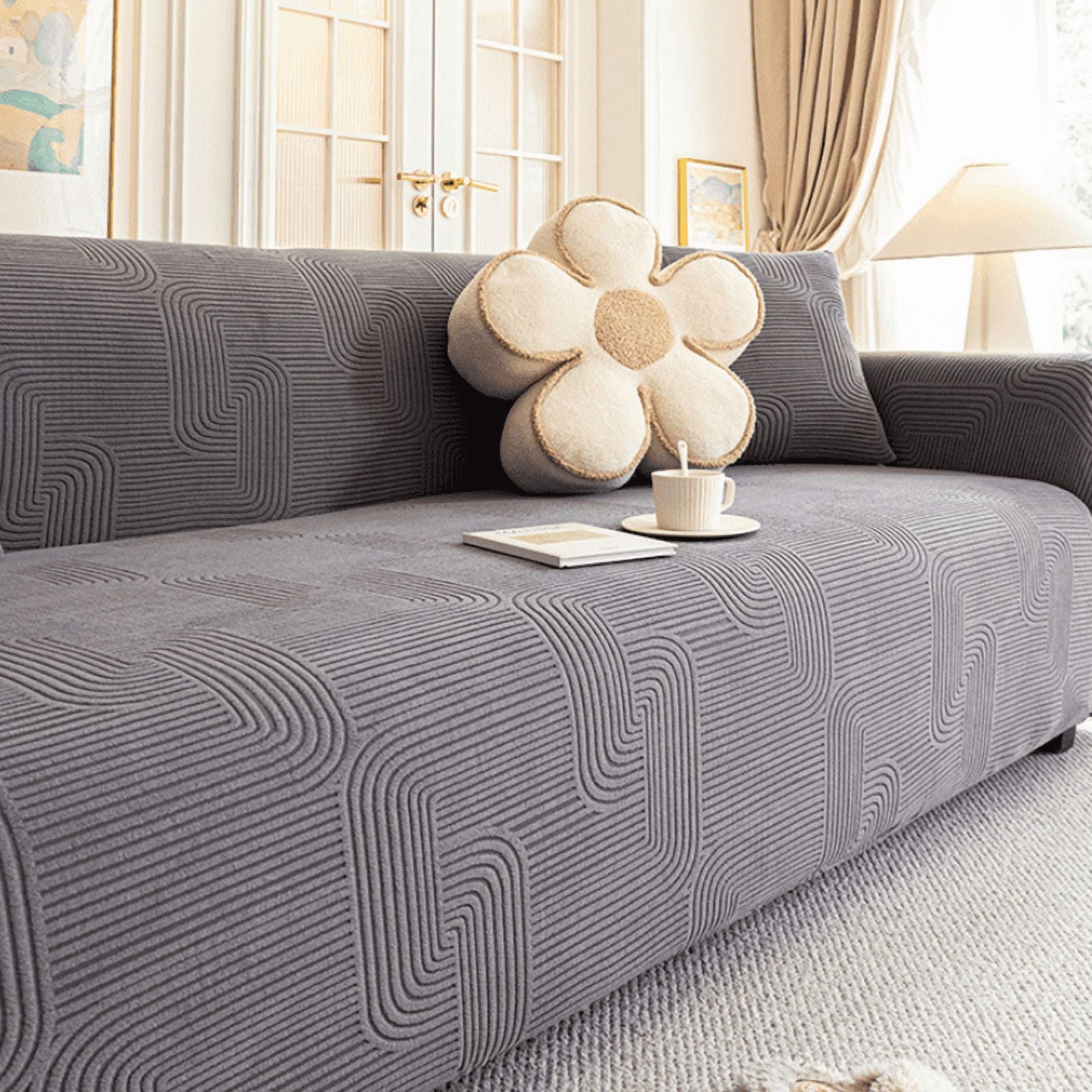 suxuMhao 3D Line Jacquard Sofa Cover Gray Stretch Couch Cover Washable 4 Seater Slipcover Extra Large 92-118 Inches Furniture Protector Para Sofa Sofa Protector Couch Covers, 1 Piece