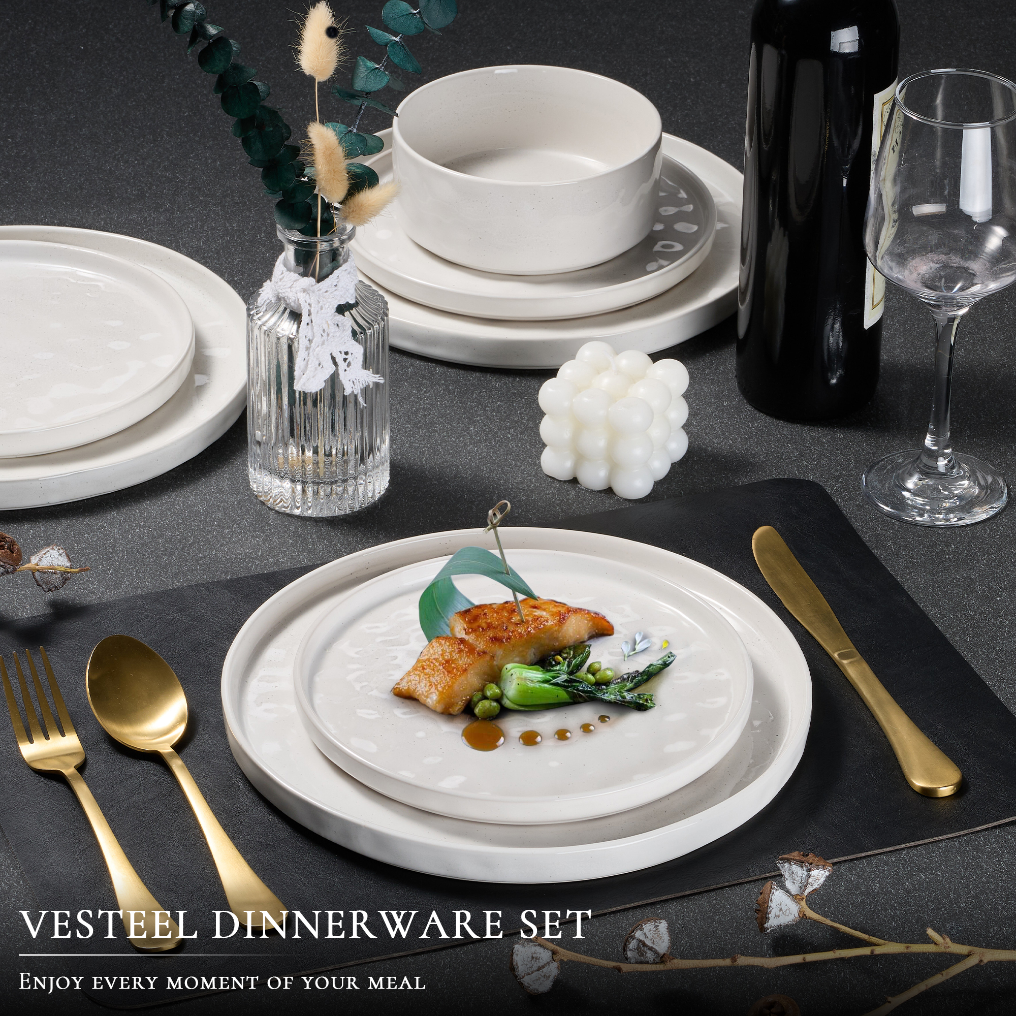 Vesteel 12-Piece Stoneware Dinnerware Set for 4, Speckled White photo 3