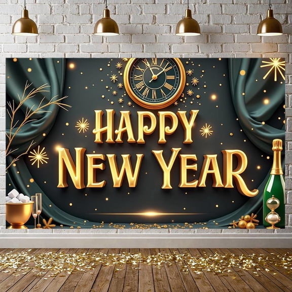 Golden Theme Happy New Year Banner Luxury New Year Banner Green Curtain Clock Design Celebration Banner for New Year Party Family Gathering Corporate Event