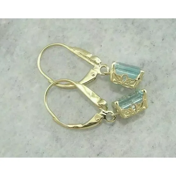 3Ct Emerald Cut Aquamarine Lab Created Drop/Dangle Earrings 14K Yellow Gold Over