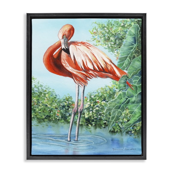 Stupell Industries Traditional Flamingo & Lush Nature Black Floating Frame Canvas Art, 17 x 21, by Christine Reichow