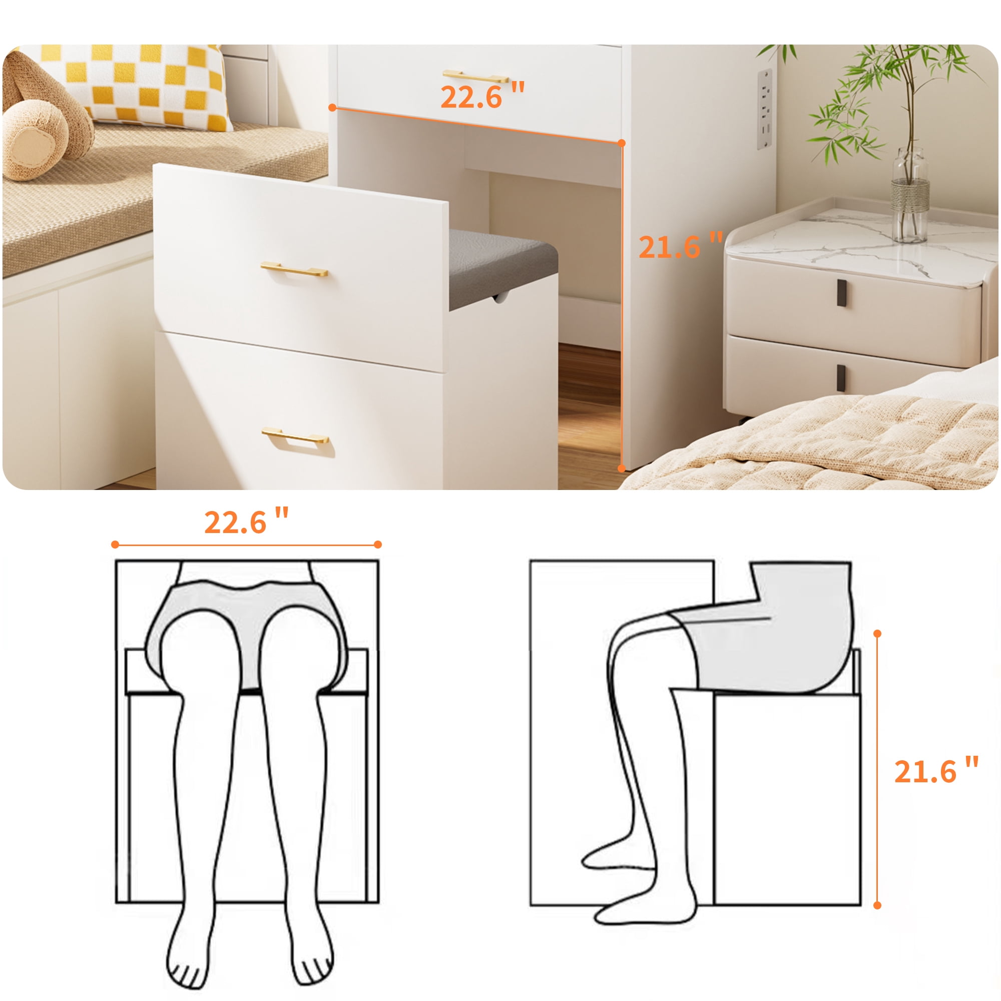 White Makeup Vanity Set with Mirror & Lights,3 in 1 Vanity Desk with 3 Drawers & Upholstered Stool