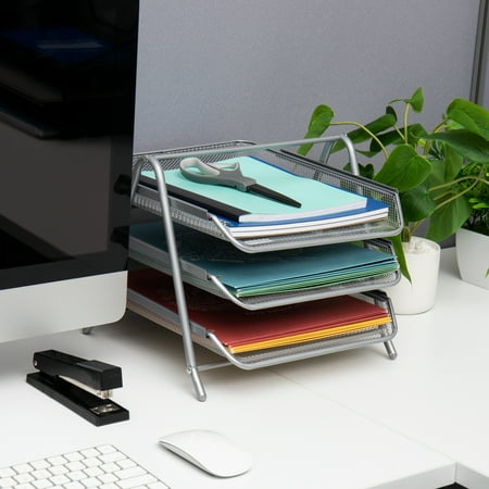Mind Reader - Desk Organizer with 3 Sliding Trays - Silver