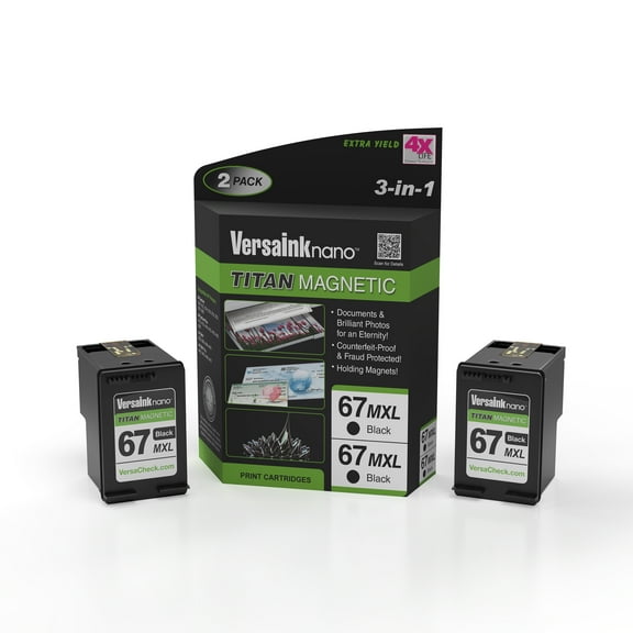 VersaInk-nano HP 67 MXL Titan-Magnetic (MICR 3-in-1) Black Ink Cartridge 2-PACK replacement of HP 67 and 67 XL, works with HP DESKJET 2723,2734,2755,2855,4133,4155,4255, ENVY 6055,6075,6455,6475