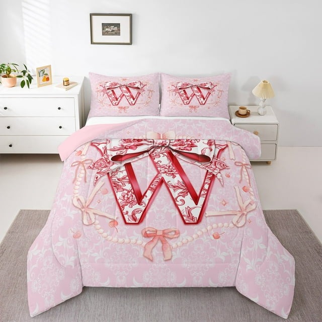 Erosebridal Ensemble de Literie Monogramme Initial Simple, Couette Rose avec Nœud, Ensemble de Literie Fleuri Simple avec Couette, Décoratif de Chambre Alphabet Super Confortable, Réversible, 2 Pcs