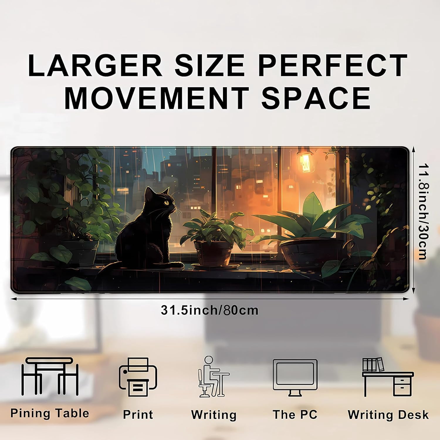 Black Cat Plants Desk Mat Large Gaming Mouse Pad 31.5''X11.8'' Extended Big Mousepad XL Cozy Lofi Desk Pad Cute Dark Academia Aesthetic Keyboard Mouse Mat Anime Office Decor Gift
