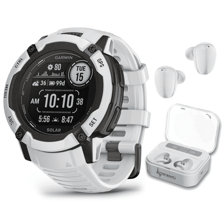 Garmin Instinct 2X Solar Rugged GPS Smartwatch, Whitestone with Power Glass Lens, LED Flashlight with Wearable4U White EarBuds Bundle