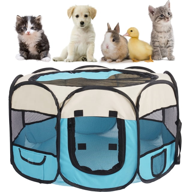Corral para Mascotas OceeK para Gatos y Perros Pequeños para Interior Azul/Beige