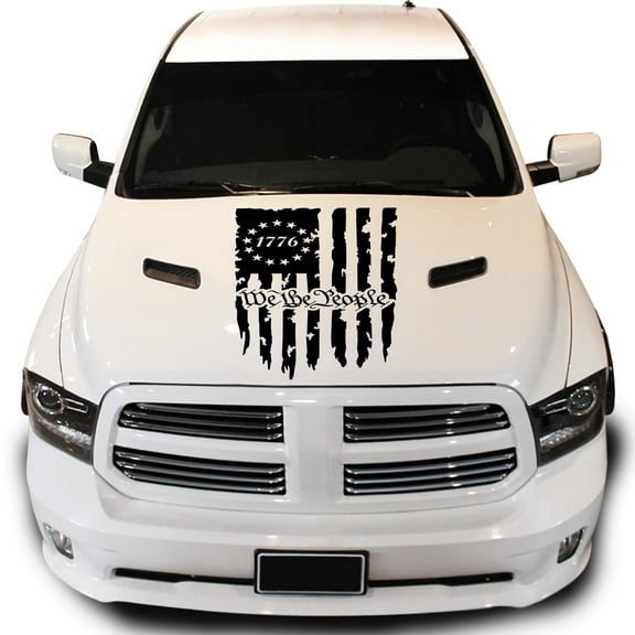 Greenyef Graphics We The People Betsy Ross Flag 1776 Distressed American USA US Flag Hood Vinyl Decal Sticker Preamble of The US Constitution fits most Pickup Trucks (23" x 36", Black)