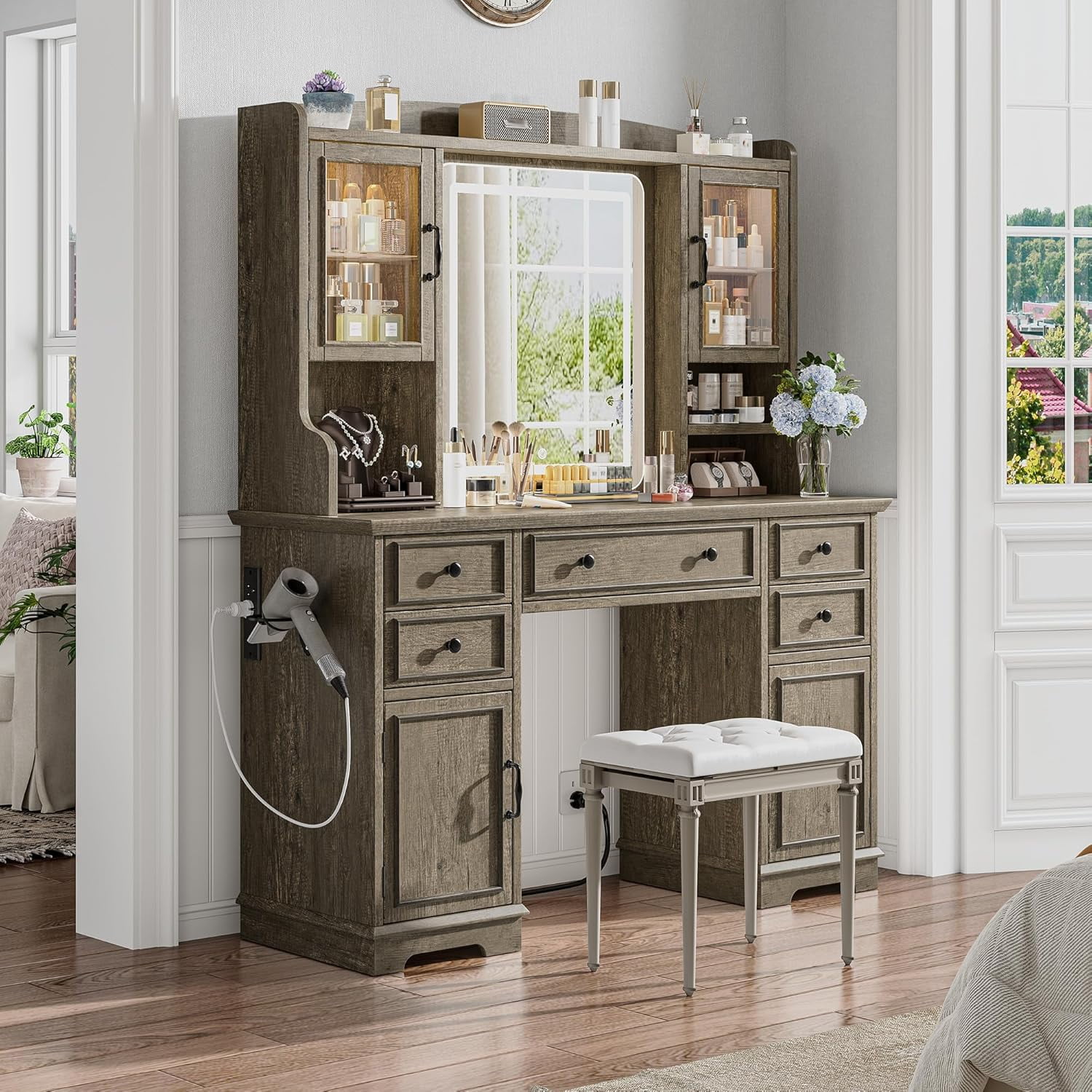 Romorgniz Large Vanity Desk with Mirror and Lights Girls Vanity with Power Outlet Makeup Vanity Table with Hair Dryer Rack, Dark Oak