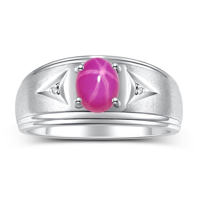 RYLOS Men's Rings Sterling Silver Classic 8X6MM Oval Gemstone & Diamond Ring Star Ruby July Birthstone Rings For Man Silver Rings Size 10