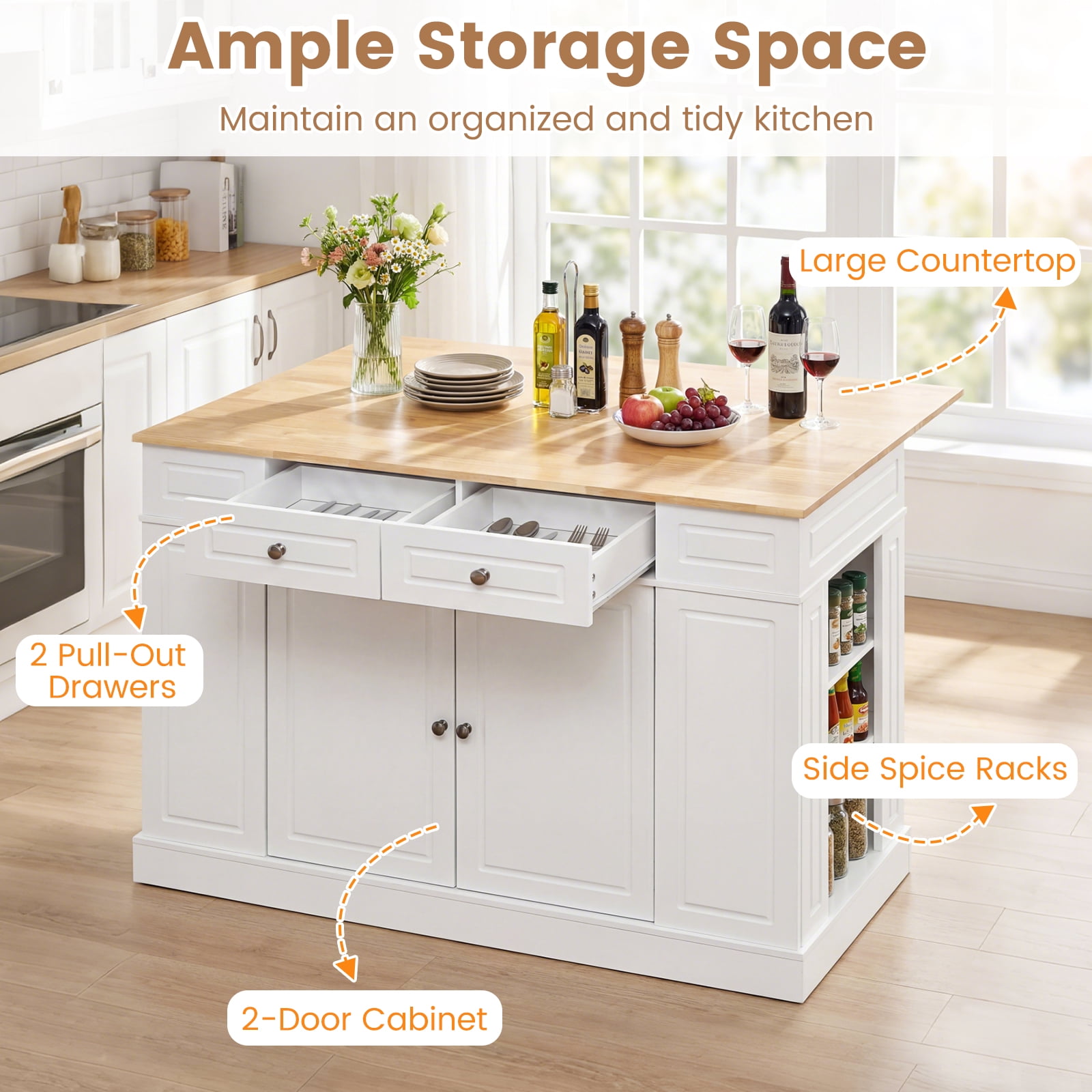 Gymax Kitchen Island Table w/ Storage Cabinet and Drop Leaf White