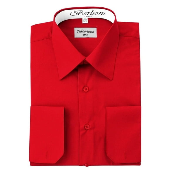Berlioni Italy Men's Convertible Cuff Solid Long Sleeve Dress Shirt Red