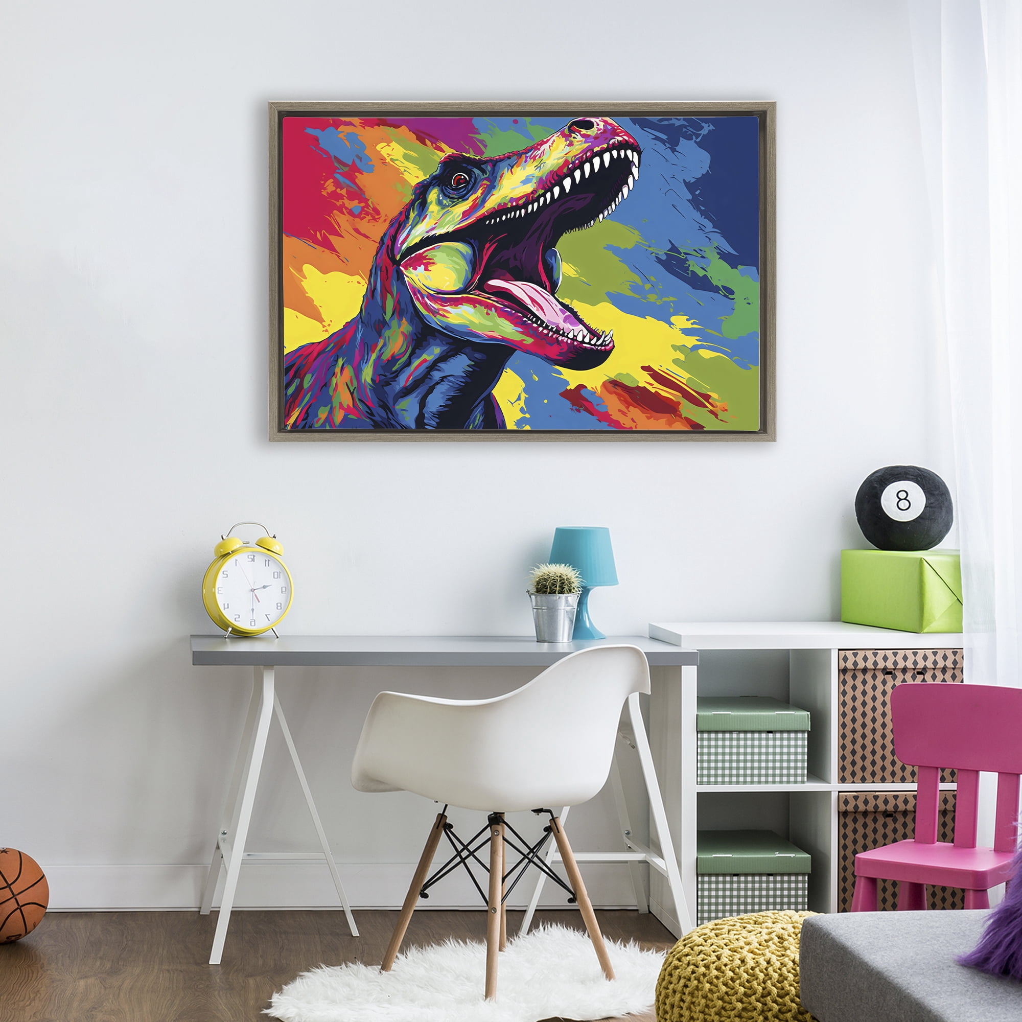 Stupell Industries Brightly Colored Dinosaur Brown Framed Floater Canvas Wall Art, design by Creative Studio