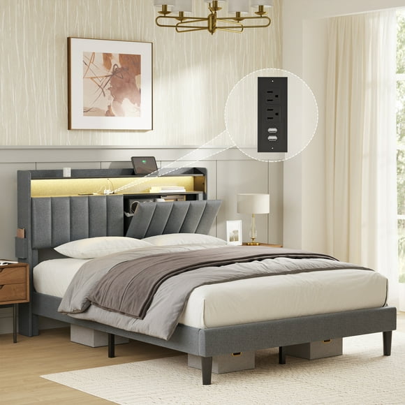 GUNAITO Queen Bed Frame with Storage Headboard Upholster Platform Bed Frame with LED Lights and USB Ports & Outlets Grey