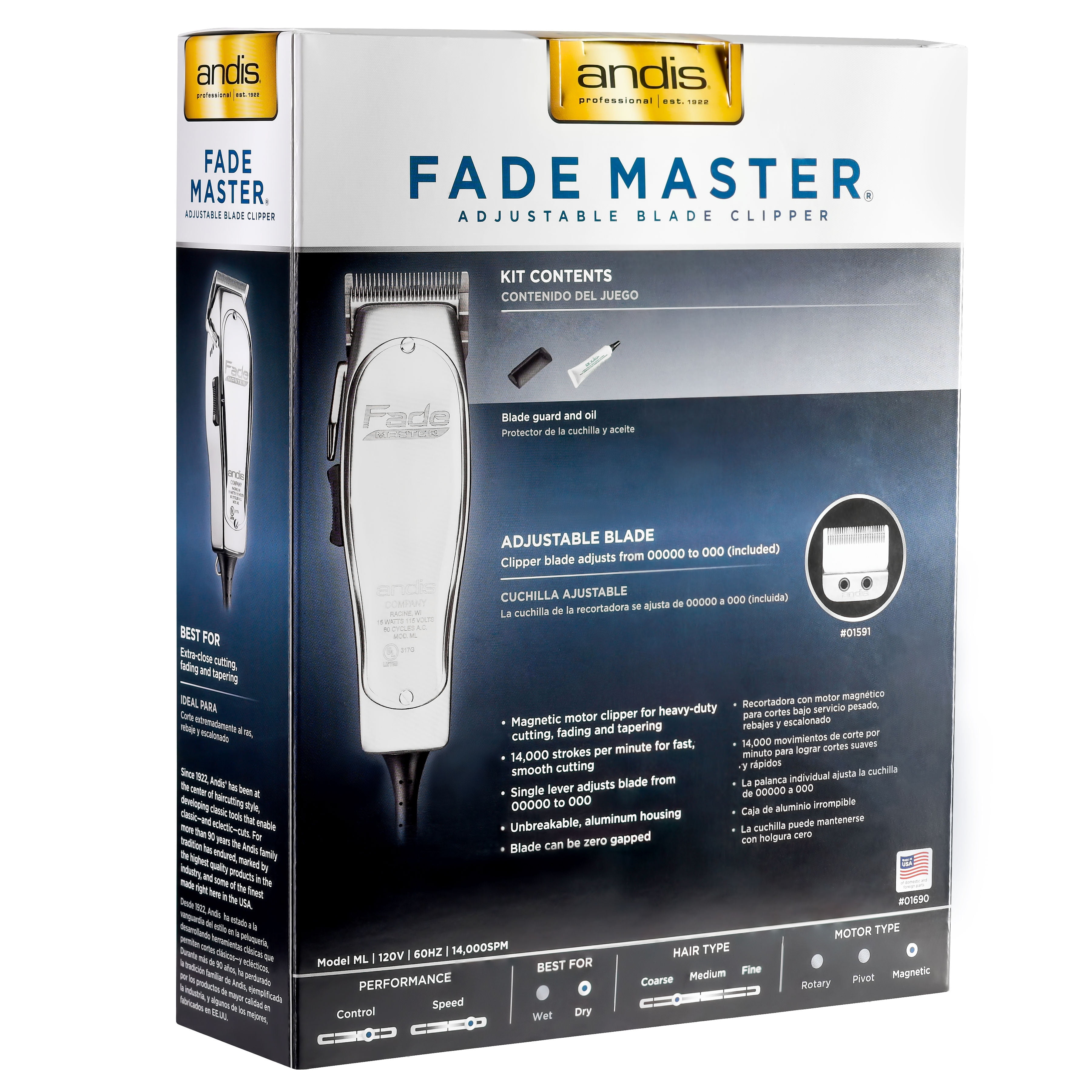 Andis Fade Master Clipper 01690 And a set of 9 Nano DOUBLE Magnet Combs Guards 01410 & 01415