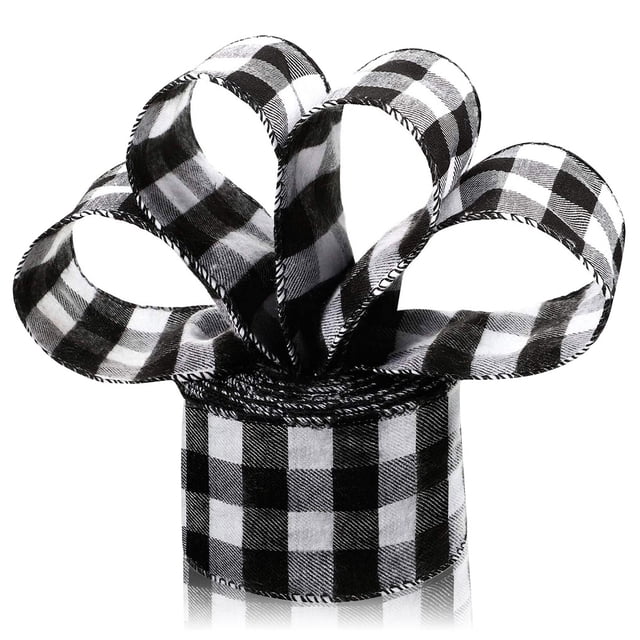 Lino navideño Accesorio de cinta con cable Tela de arpillera a cuadros Atmósfera navideña Decoración a cuadros Artesanía navideña Envoltura Negro Blanco 5m Methold HA009056-03