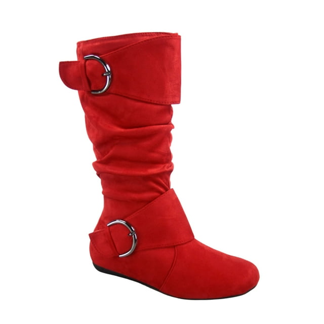 Bottes Mi-Mollet à Bout Rond pour Femmes Zone 70, Confort, Fermeture Éclair, Boucle, Style Plissé Décontracté, Talon Plat ( Rouge, 7)