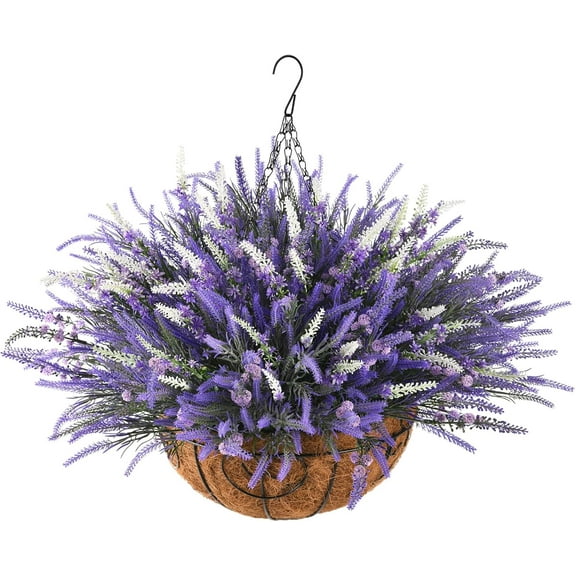 Artificial Plants Fake Flowers with Hanging Basket for Outdoor, 16 Bundles Faux Lavender Plant Hanging Flower in Planter Realistic UV Resistant for Spring Outside Porch Patio Garden Decoration