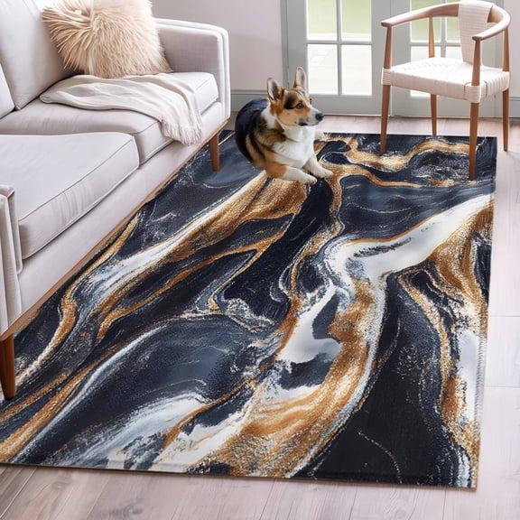 Navy Blue Brown Marble Area Rug 3x5 Washable Rug Non Slip Minimalist Abstract Art Large Area Rug Indoor Floor Carpet for Entryway Bedroom Kitchen Living Room Home Office Dining Room Nursery