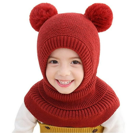 

BIZIZA Toddler Baby Hats Beanie with Scarf Solid Color Pompom for 2-6Y Kids Red One Size