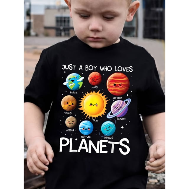 Summer Fashion Short Sleeve T-Shirt for Boys with 'Just A Boy Who Loves Planets' Letter Print