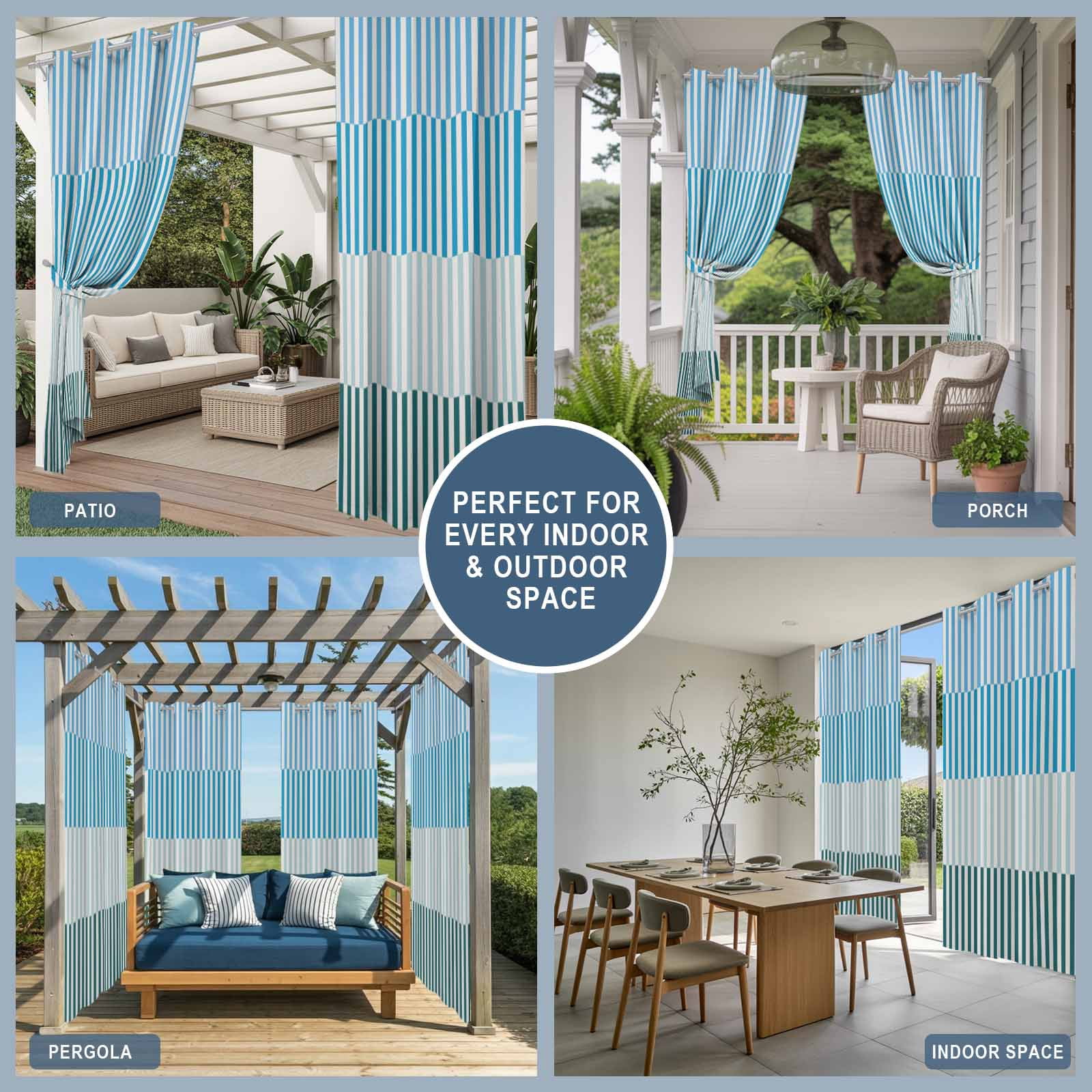 Colorful Stripe Outdoor Curtains for Patio Waterproof,Windproof Privacy Curtains with Weighted Bottom,Modern Teal Blue Green Vertical Striped Outside Drapes for Picnic Garage Yard 54"x108" 2 Panel