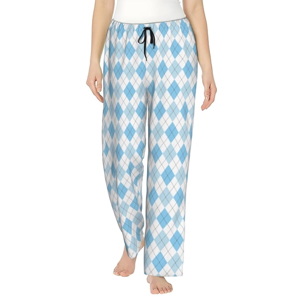 Balery Blue and White Squares Pantalones de pijama para mujer, pijamas ultraligeros, pantalones de estar por casa-Large