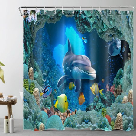 HVEST Blue Dolphin Shower Curtain for Bathroom,Coral and Tropical Fish in Ocean Underwater World Fabric Shower Curtain with Hooks,Funny Marine Life Bathroom Curtains Shower Set, 72x78 inches