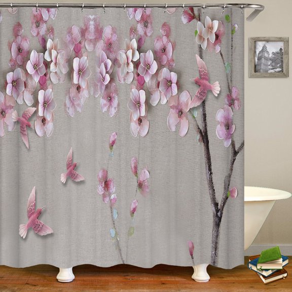 Home decoration bathroom shower curtain beautiful bird flower shower curtain waterproof polyester curtain with hook bath curtain