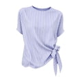 thumbnail image 5 of Cotton Linen Striped Elegant Tops for Women Trendy Outdoor Tie Shirts for Summer Lightweight Loose Fit Crewneck Short Sleeve Tee, 5 of 6