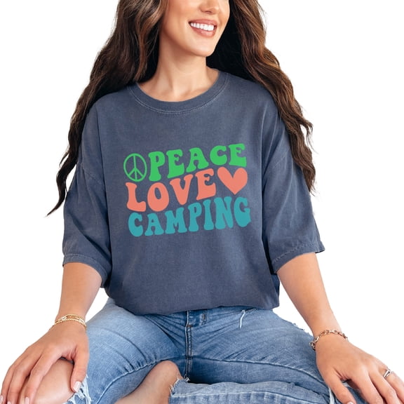 Peace, Love, Camping, Camp or Camper Themed, Groovy Retro Wavy Text, Denim Comfort Colors T-Shirt, Small