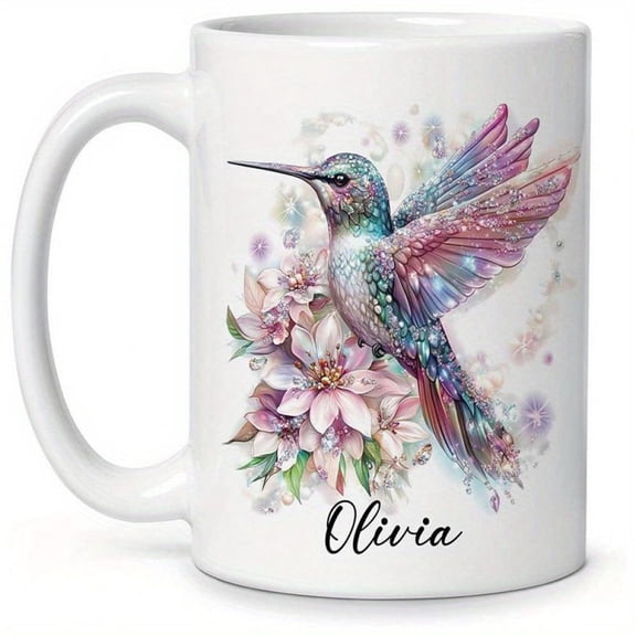 Personalized Hummingbird Cup Custom Name Text Elegant Floral Bird Design in Pink Purple Green 11oz Ceramic Coffee Mug Birthday Anniversary Bird Lovers