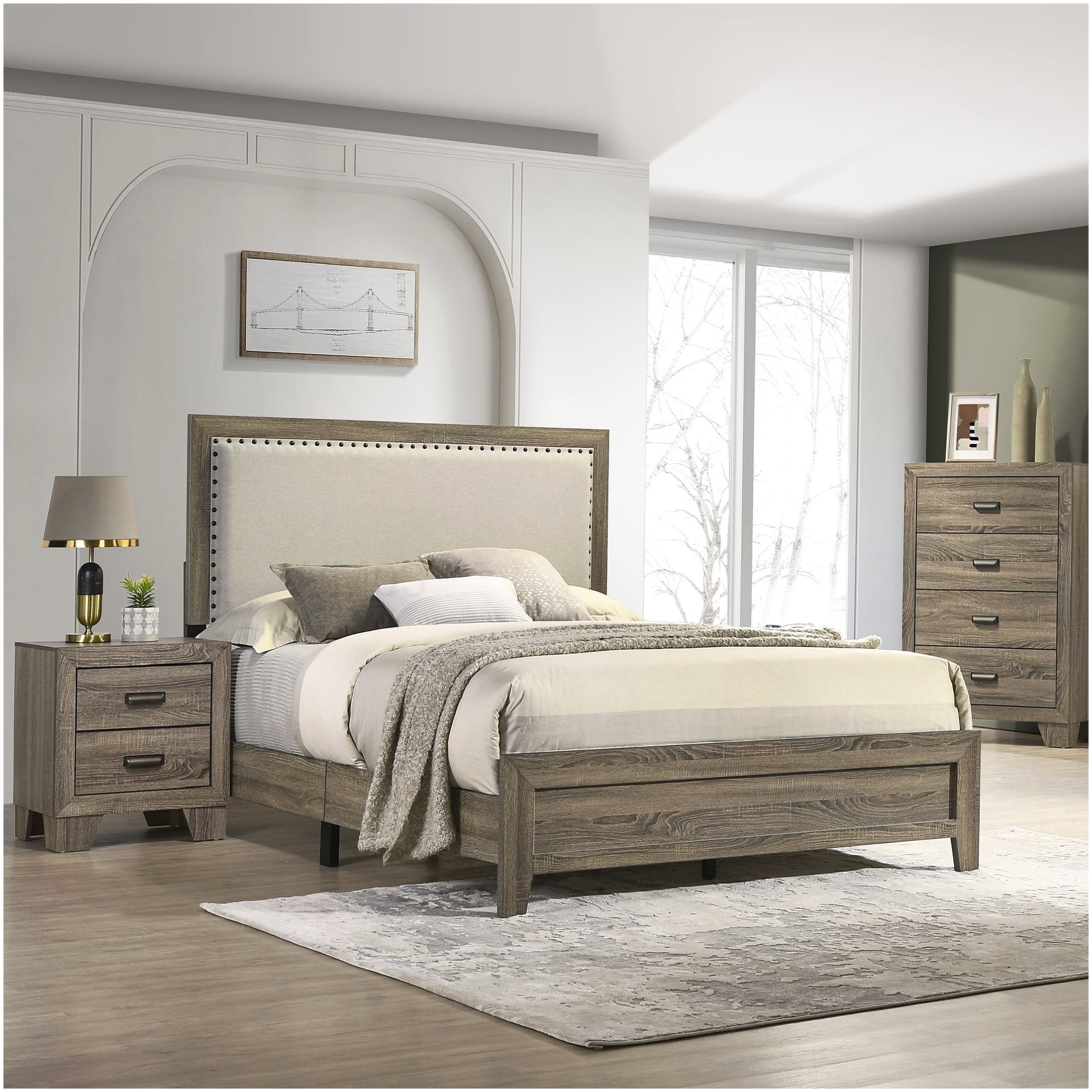 Modern Grey Upholstered Queen Bed, Platform Bed Frame with Button Tufted Headboard and Nailhead Accents