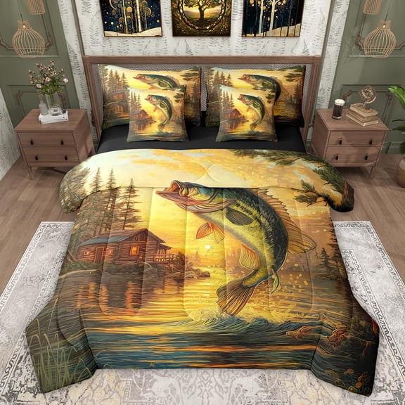jejeloiu Pike Fish 7-Piece Twin Bedding Sets,Rustic Fishing Hunting Bedding Comforter Set For Boys Kids Reversible